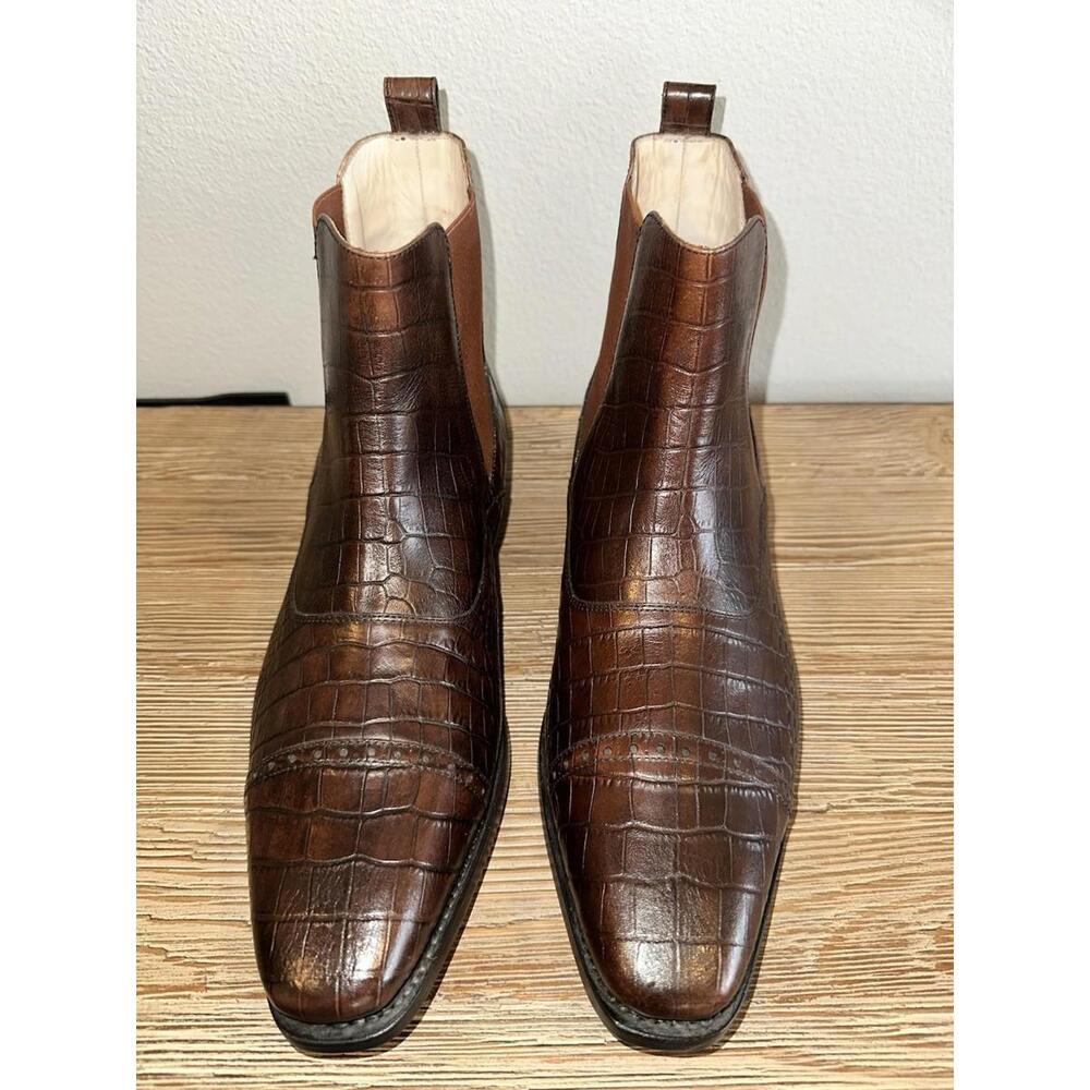 Animas Code Men's Brown Crocodile Pattern Leather Chelsea Boots Square Toe